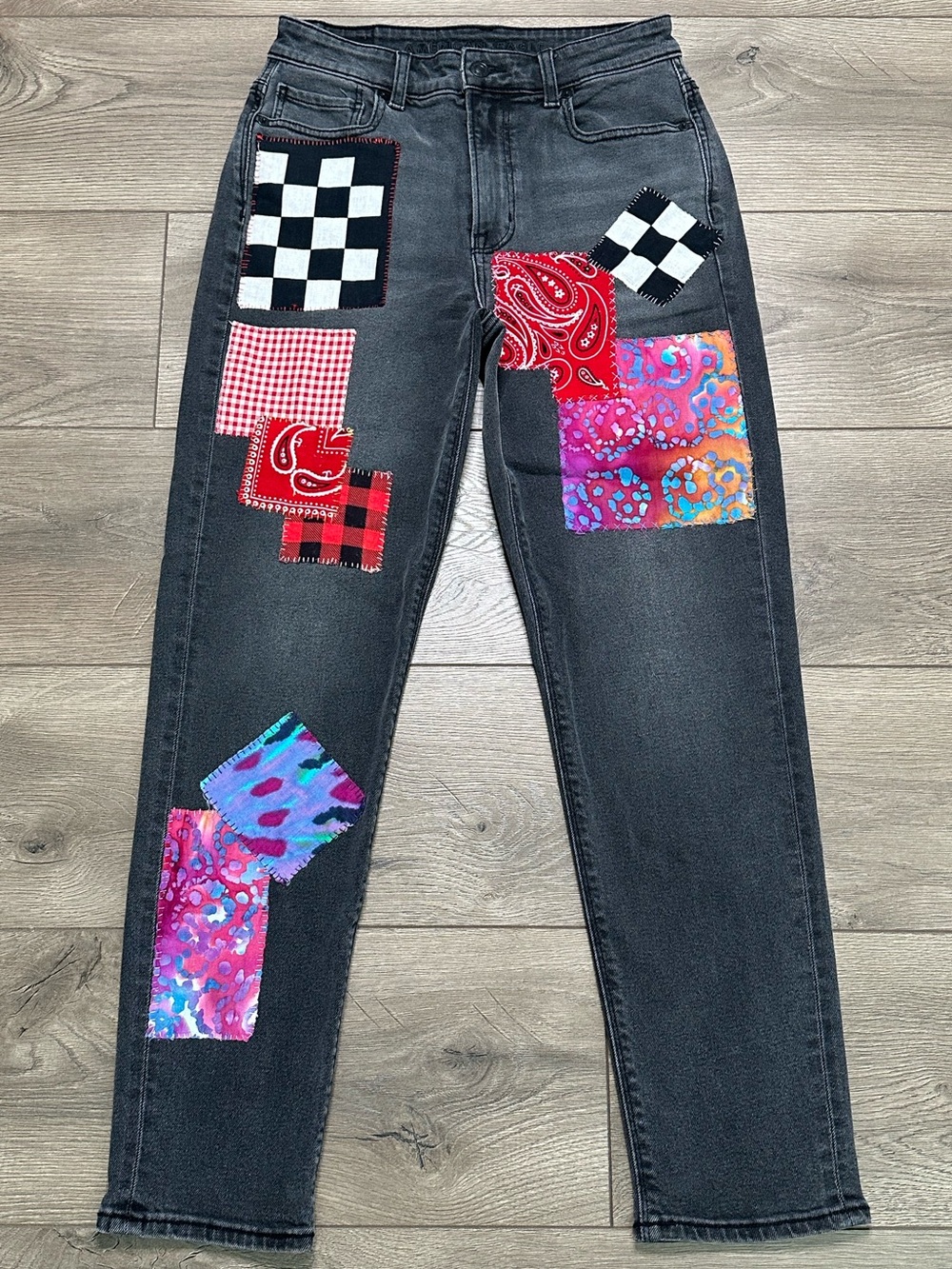American Eagle Mom High Rise Custom Patchwork‎ Boho Black Stretch Ankle Jeans 2